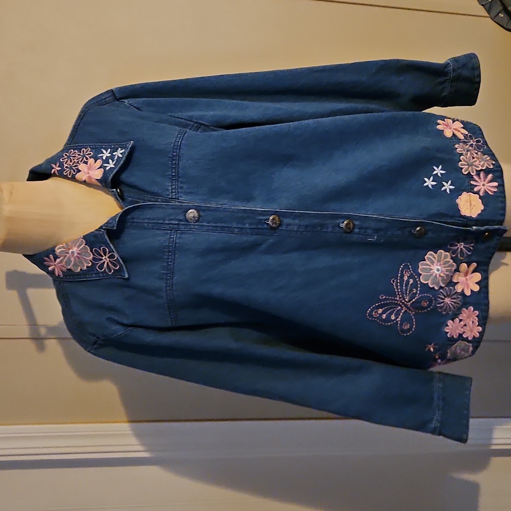 Toffee Apple Women's Denim Jacket Floral Butterfly Embroidered Size Large